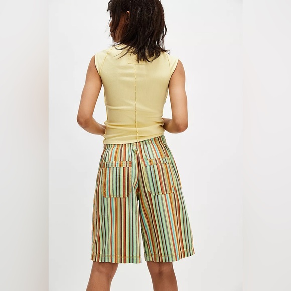 FREE PEOPLE Saylor Poplin Stripe Shorts Retro Oversized NWT Teal Orange Green - Picture 3 of 10